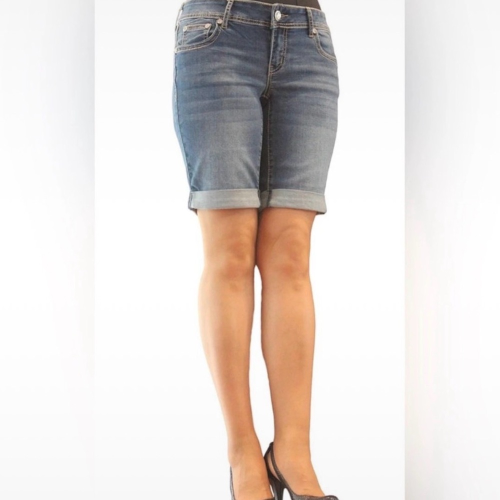 Indigo Rein Rolled Cuff Denim Bermuda Shorts - Light Blue